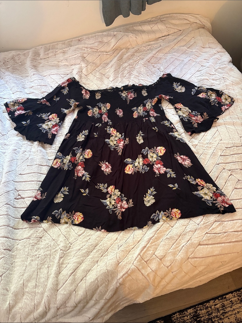 feathers Black Floral Off-Shoulder Dress